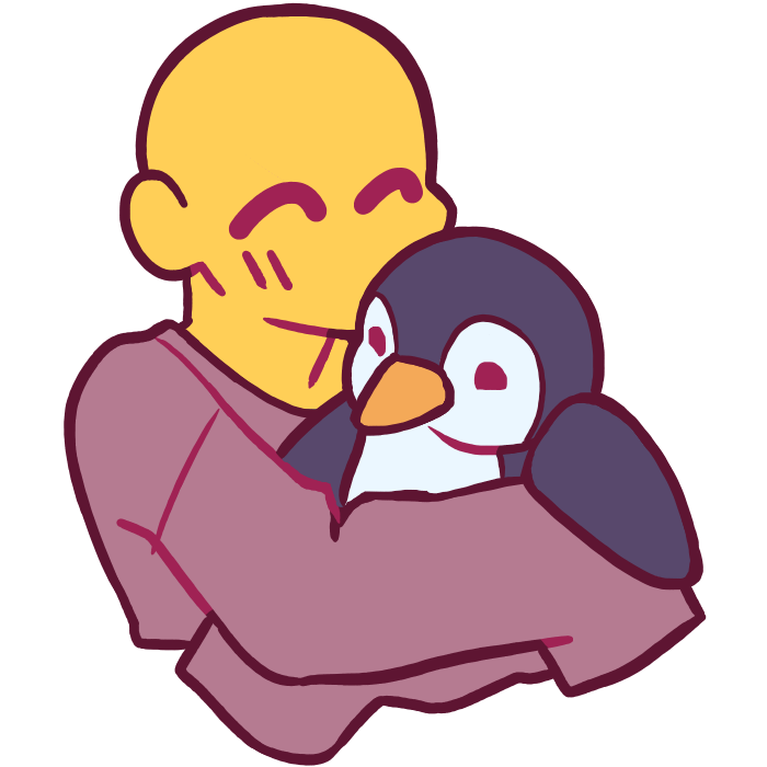 a side view of a figure in a long-sleeved burgundy shirt hugging a penguin plushie